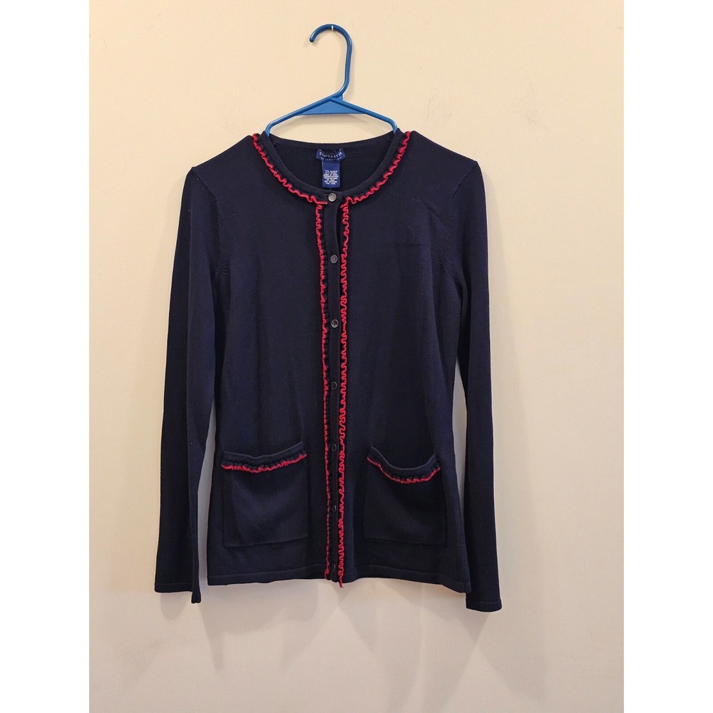 Doncaster Cardigan Sweater Womens XS Navy Blue Ruffle Trim Button Front M310KC49